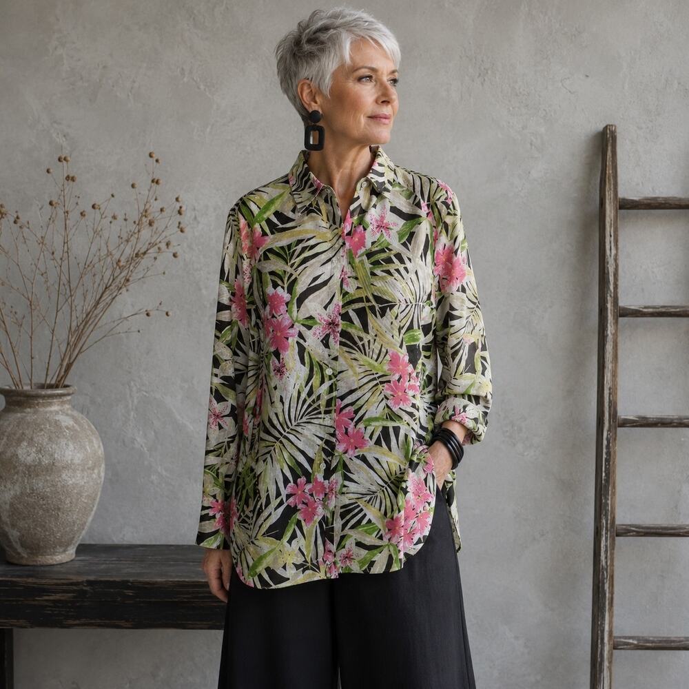 J Jill Love Linen Floral Long Sleeve  Button Down Medium